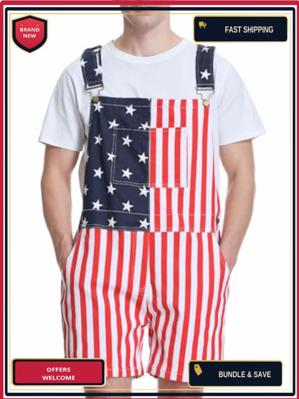 Men's Denim Bib Overalls Shorts Jumpsuit American Flag Workwear